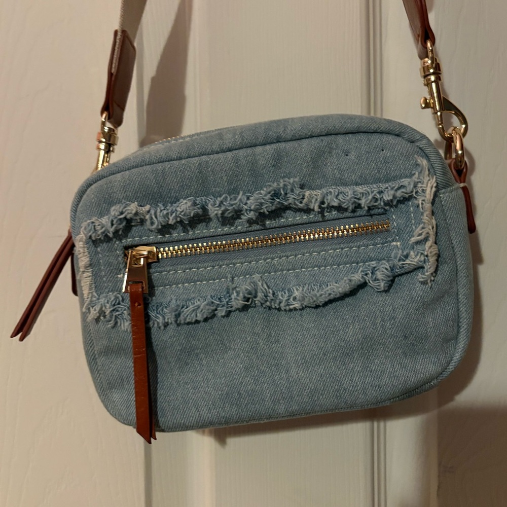 Denim Camera Crossbody Bag with Tan Strap - Picture 4 of 10